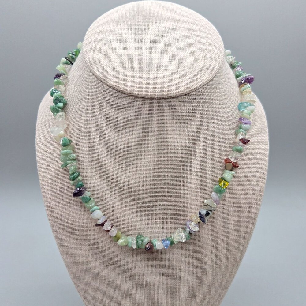 Natural Rainbow Fluorite Gemstone Chip Bead Necklace Barrel Clasp 16 Inch